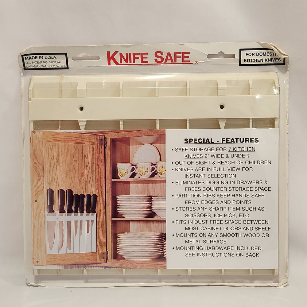 Vintage Knife Safe White Plastic Cabinet Door Mount 7 Knife Storage Rack USA